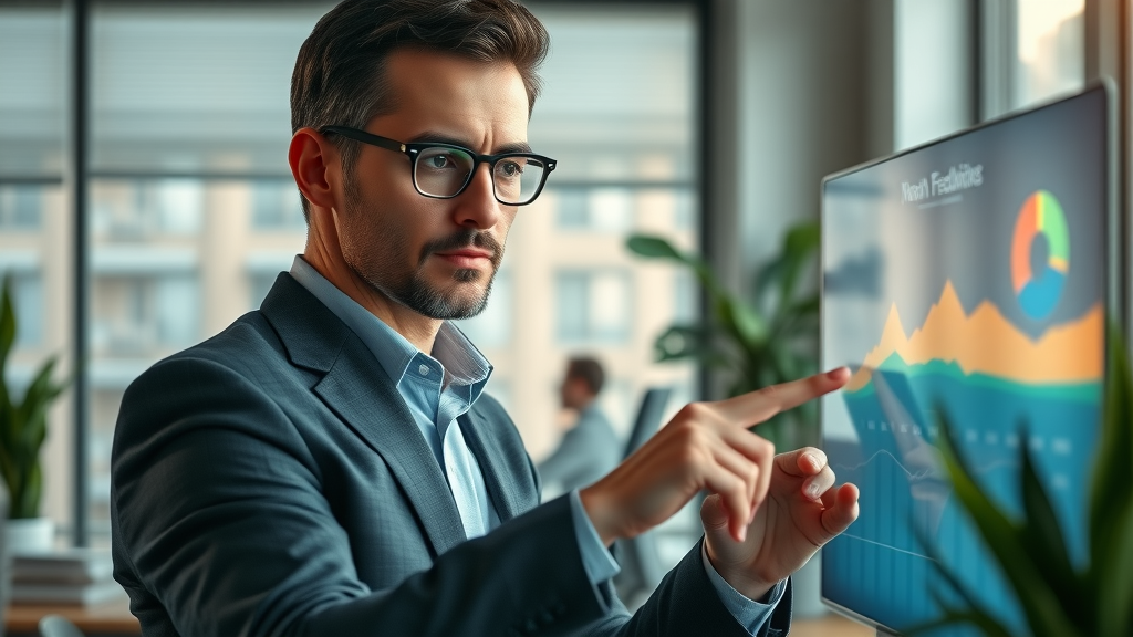 modern business owner analyzing digital feedback dashboard for google business profile, highly detailed and glowing screen reflections