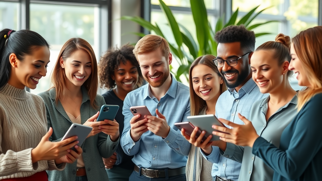 inspiring brand interaction with diverse group, user-generated content in a modern office environment
