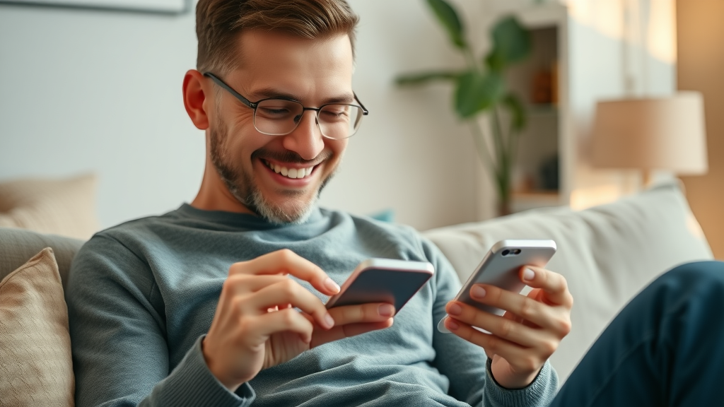 warm, friendly customer reading a personalized SMS on their smartphone. delighted, looking at the screen. customer engagement sms.