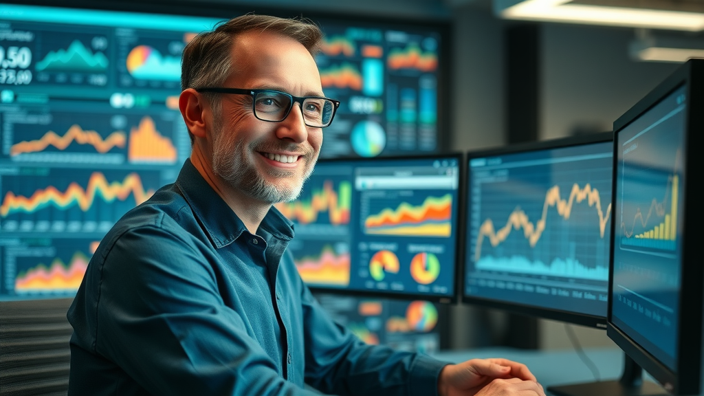 content strategy analytical marketer examining media analytics on dual monitors