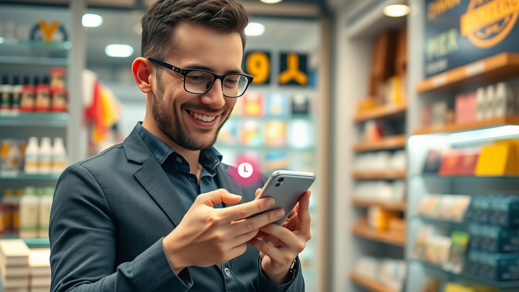 sms marketing mass text, business owner sending sms message in shop front