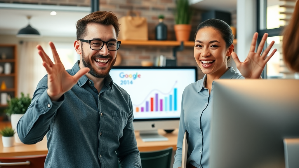 small business team celebrating improved local search ranking for google business profile