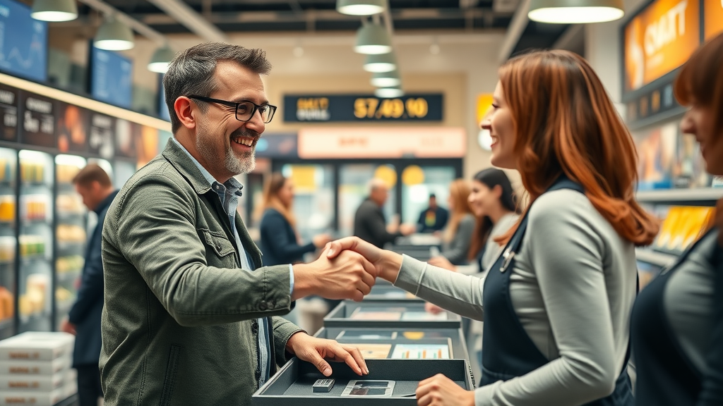 local retailer shaking hands with happy customer, celebrating increased sales from Google Maps marketing