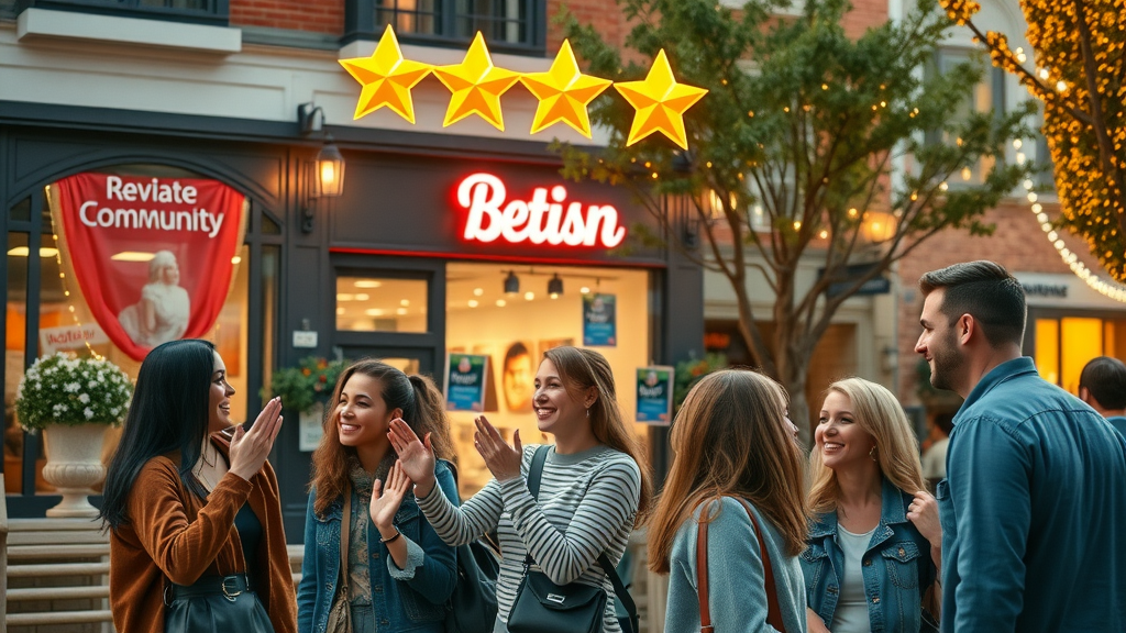 local community group chatting in front of small business with glowing review stars above, highly detailed, community banners, warm colors
