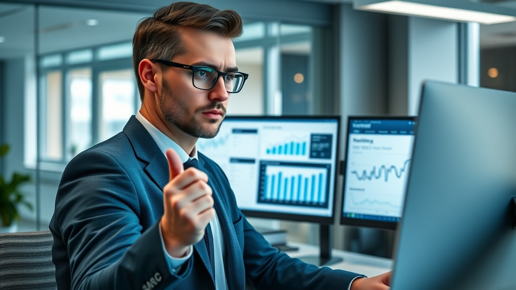 business professional evaluating sms marketing platform, comparing features and analytics dashboards