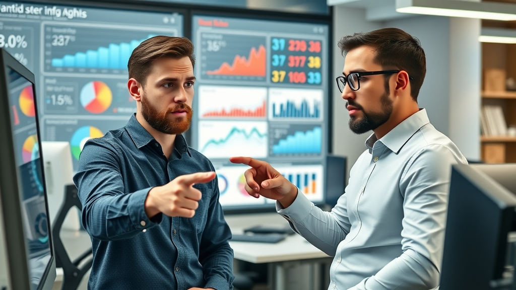digital marketers analyzing brand reputation statistics in a modern office setting