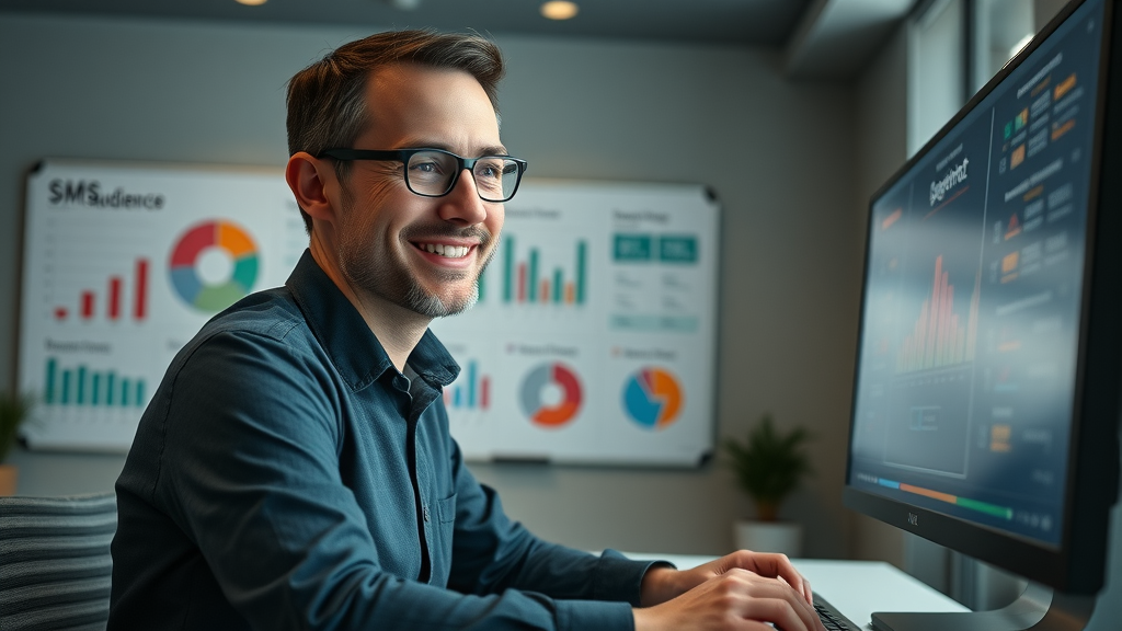 Data-driven marketing manager segmenting SMS text message audience, analyzing marketing campaign performance with graphs and segmentation charts