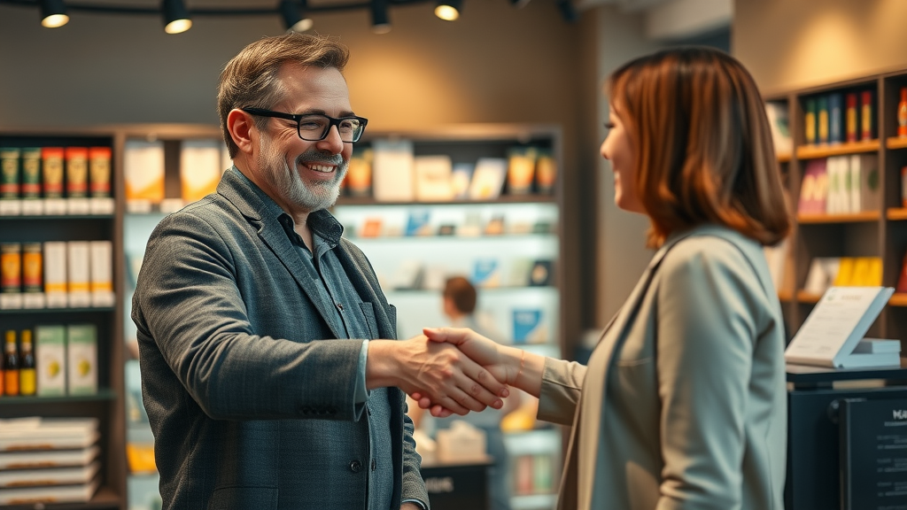 trustworthy business owner shaking hands with happy customer after purchase with visible customer feedback in retail background